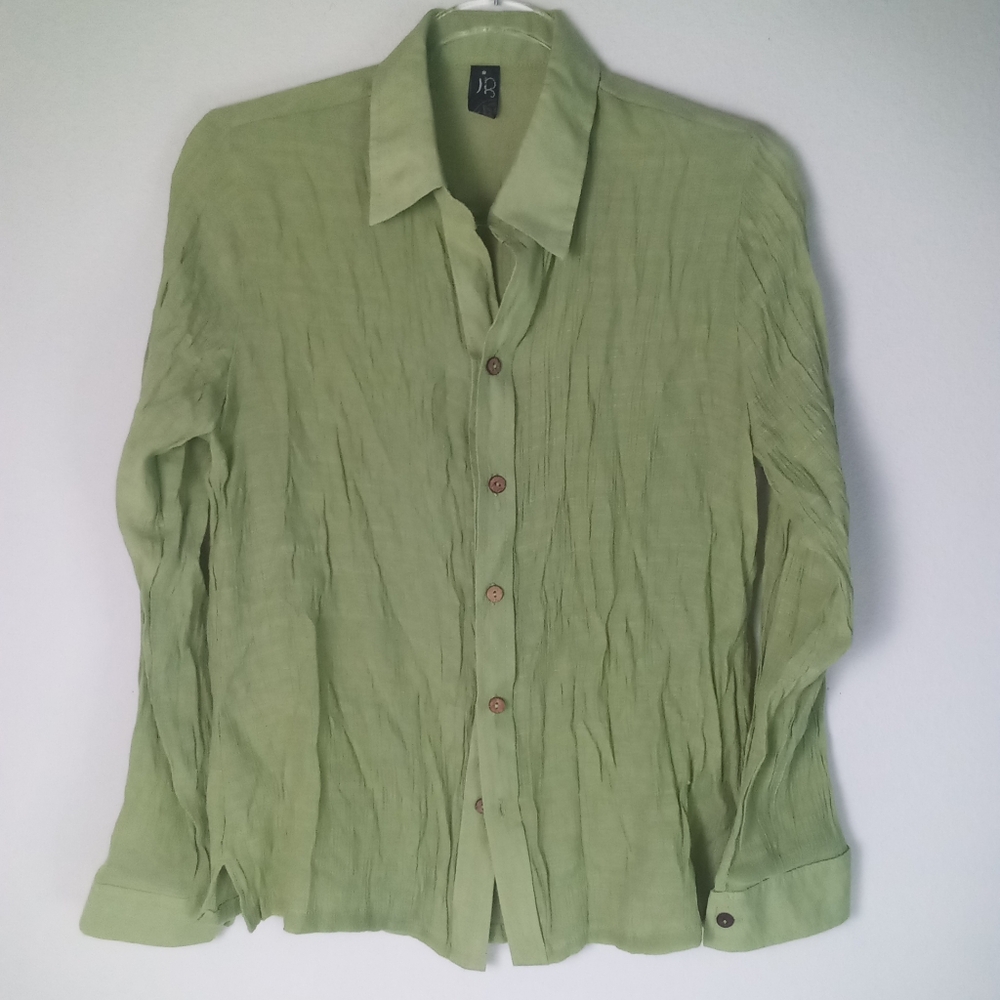 GaYa Silk Cotton  Green Casual Shirt Button Down Wood Buttons Size S NWOT